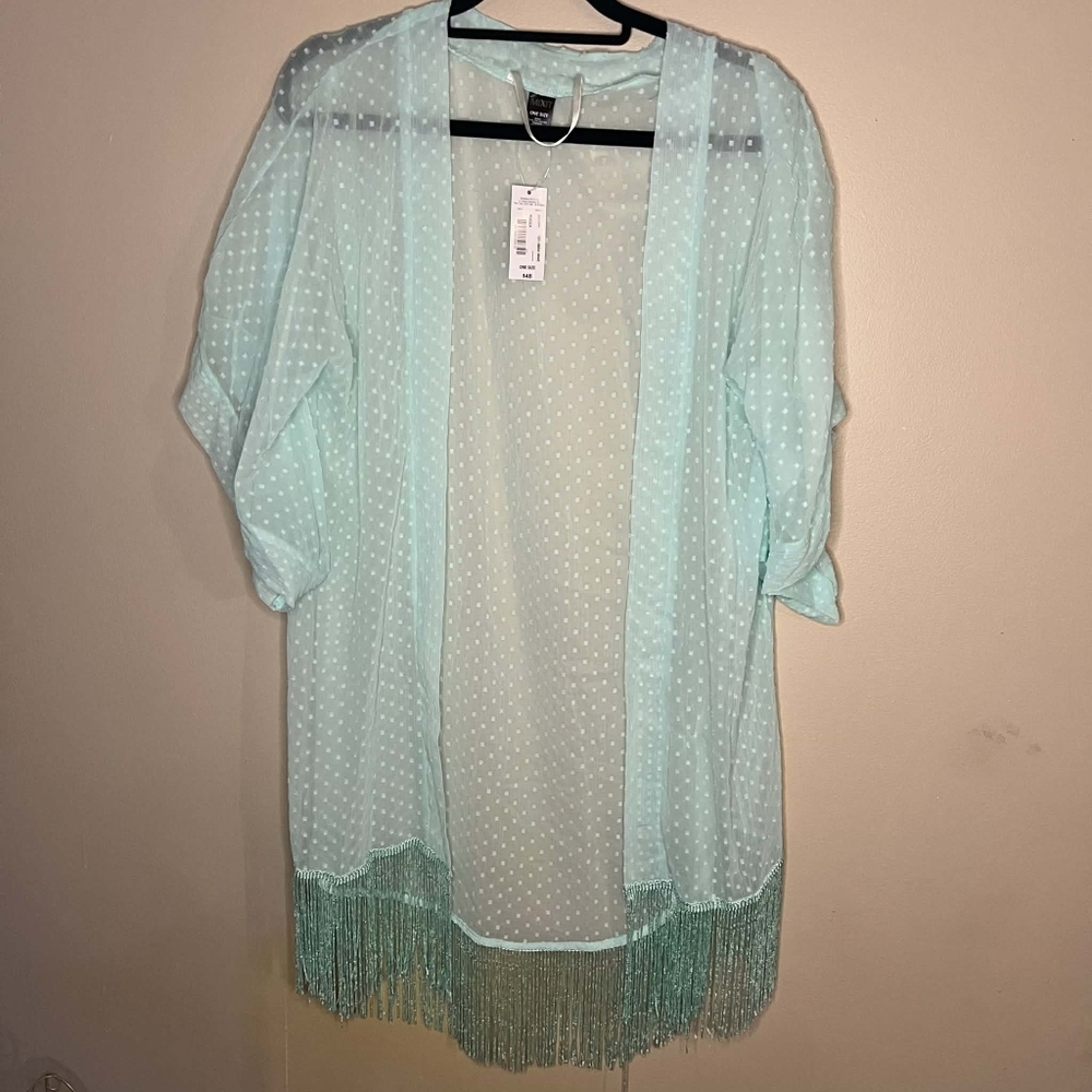 Mixit Lightweight Swiss Dot Kimono Tassel Mint Green Cover Up